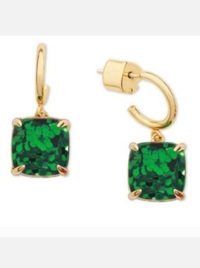 Kate Spade Gold Hoop Earrings with Emerald Green Cushion Drop
